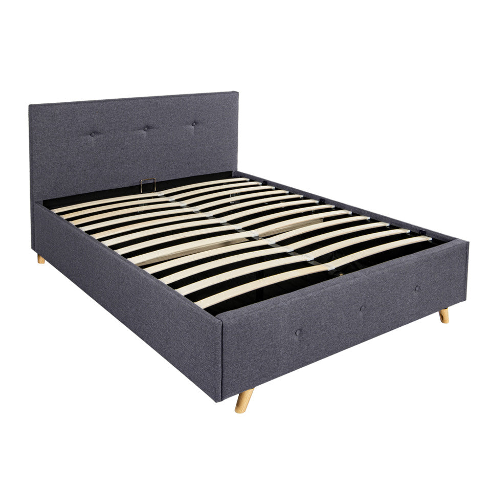 Lit coffre Mala en tissu gris avec sommier et tête de lit capitonnée 140x190cm