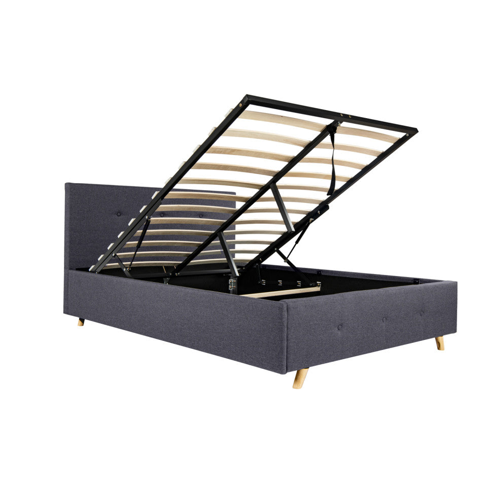 Lit coffre Mala en tissu gris avec sommier et tête de lit capitonnée 140x190cm