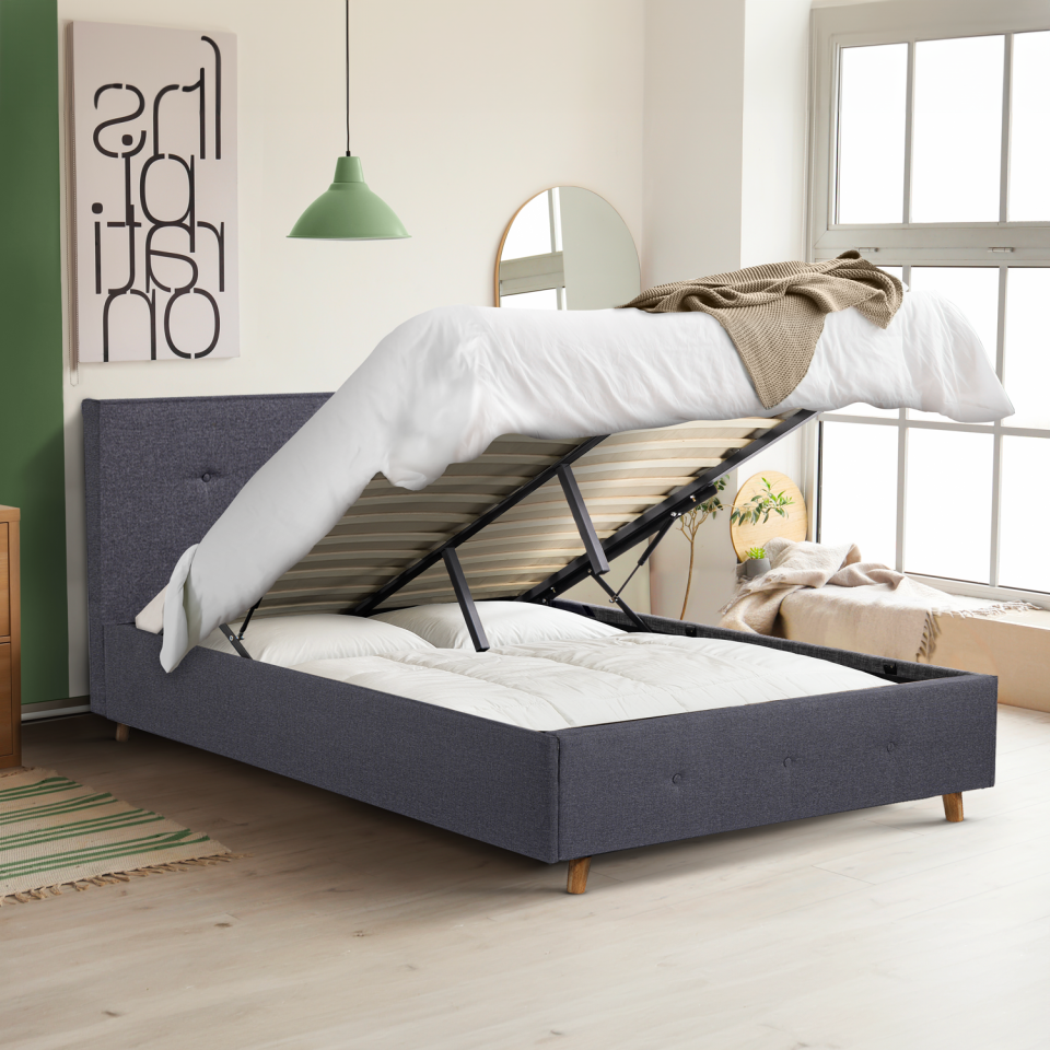Lit coffre Mala en tissu gris avec sommier et tête de lit capitonnée 140x190cm