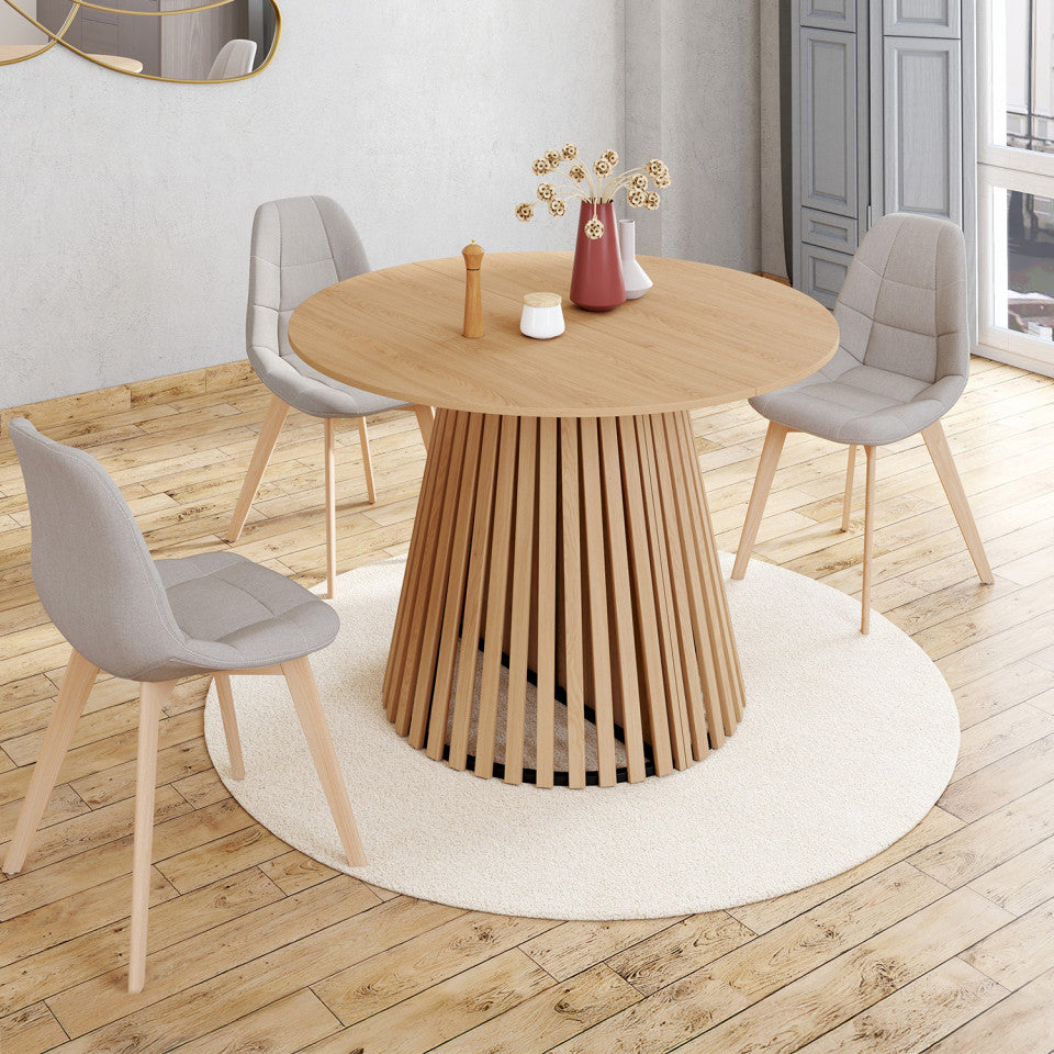 Table à manger ronde extensible Camélia bois et pied lattes Ø110-200cm