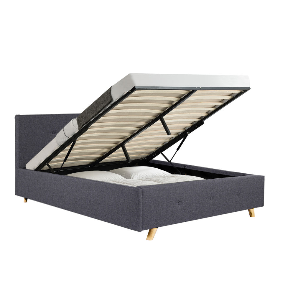 Lit coffre Mala en tissu gris avec sommier et tête de lit capitonnée 140x190cm