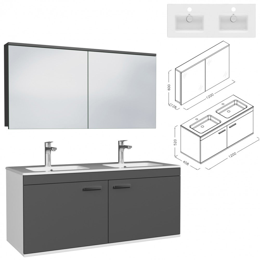 Meuble double vasque Rubite 2 portes 120 cm + miroir armoire
