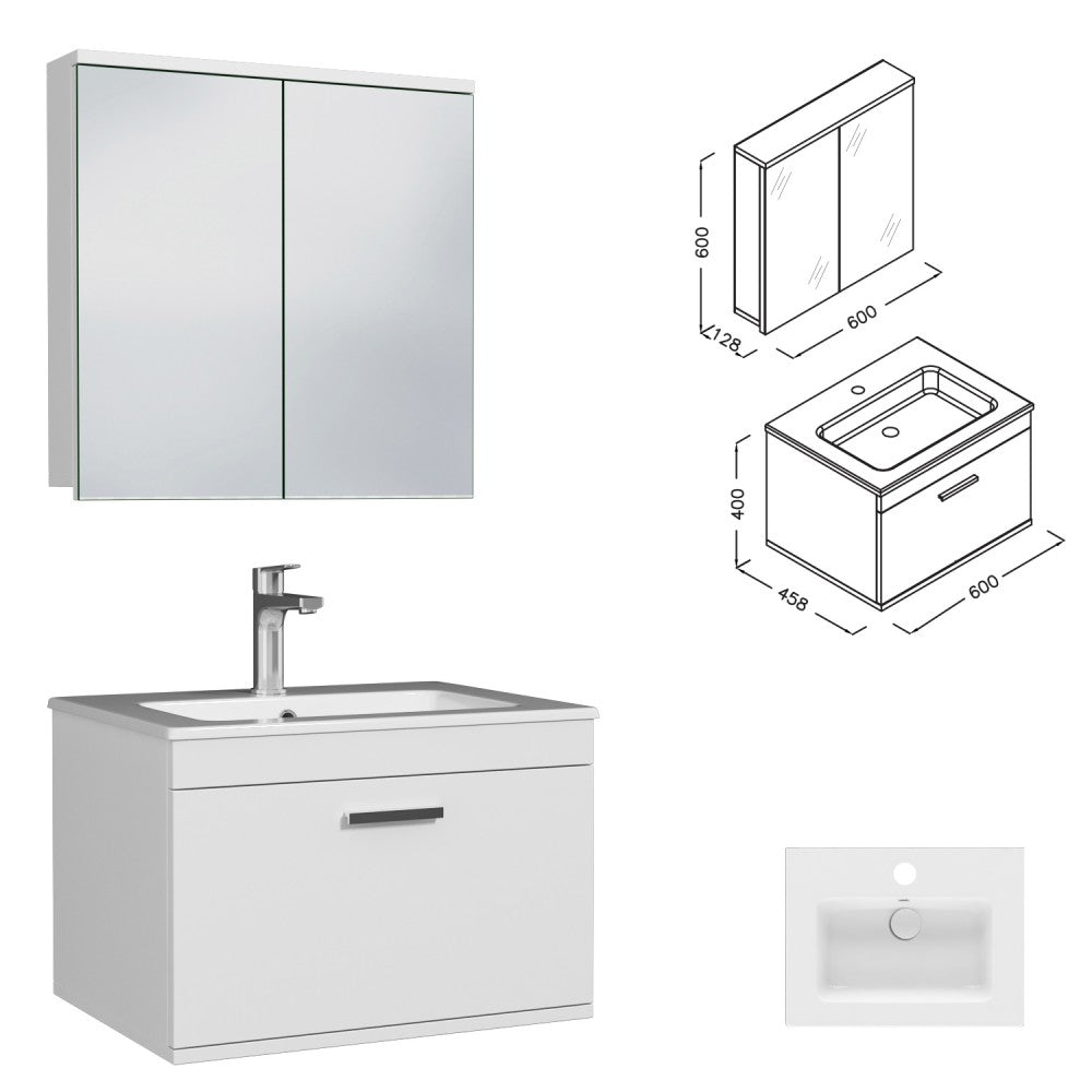 Meuble simple vasque Rubite 1 tiroir 60 cm +  + miroir armoire