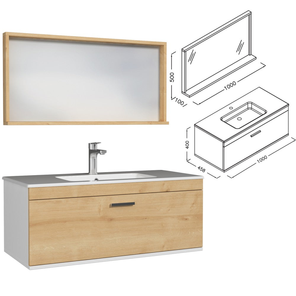 Meuble simple vasque Rubite 1 tiroir 100 cm + miroir cadre