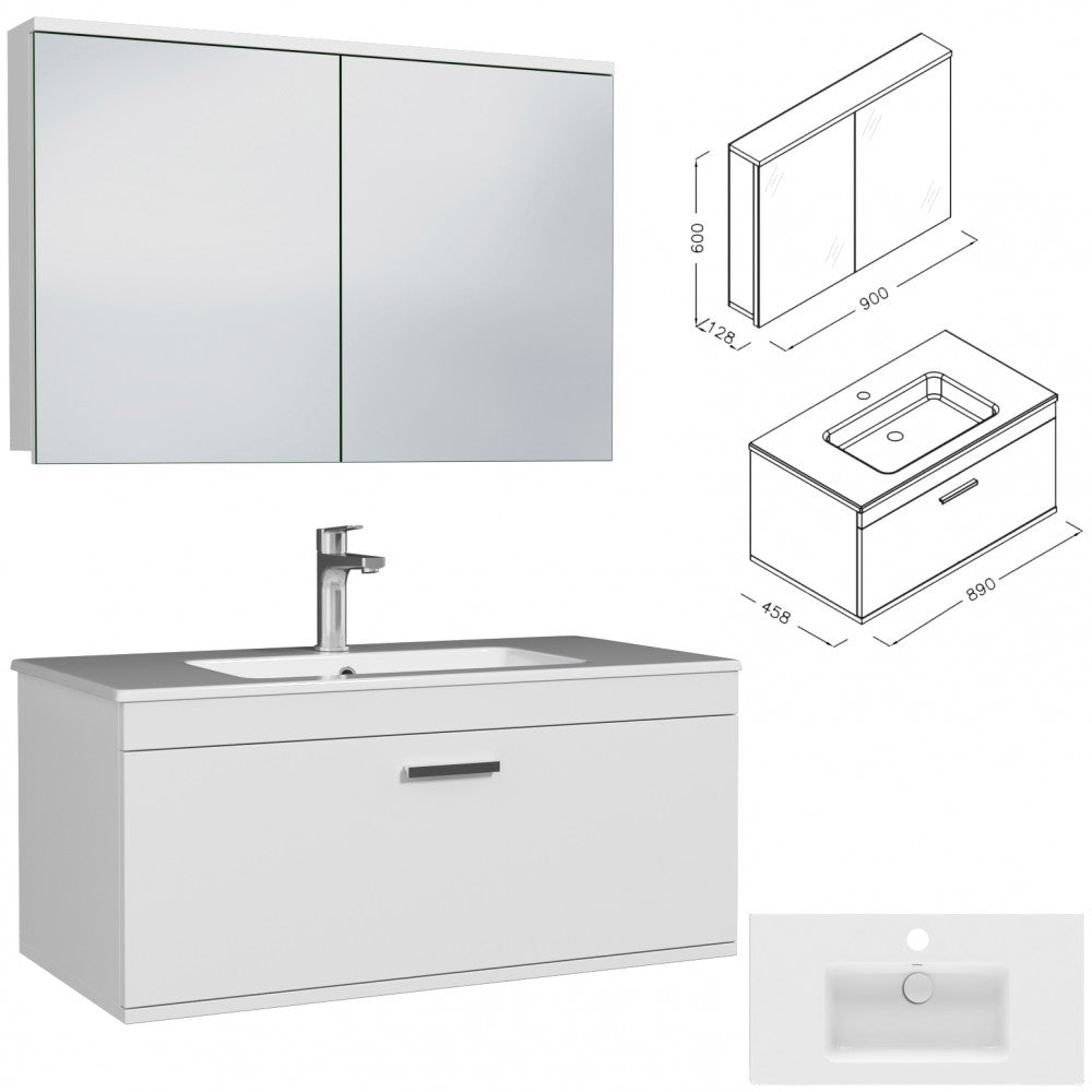 Meuble simple vasque Rubite 1 tiroir 90 cm + miroir armoire