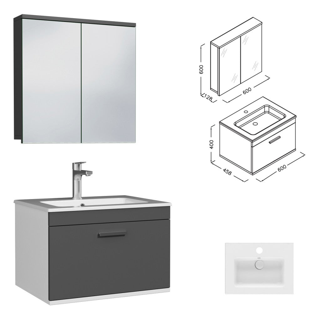 Meuble simple vasque Rubite 1 tiroir 60 cm +  + miroir armoire