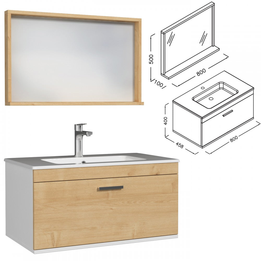 Meuble simple vasque Rubite 1 tiroir 80 cm + miroir cadre