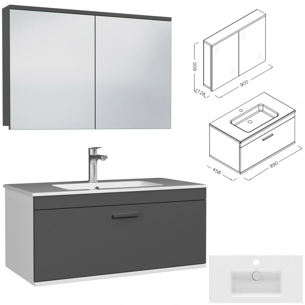Meuble simple vasque Rubite 1 tiroir 90 cm + miroir armoire