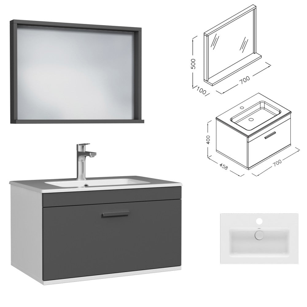Meuble simple vasque Rubite 1 tiroir 70 cm + miroir cadre