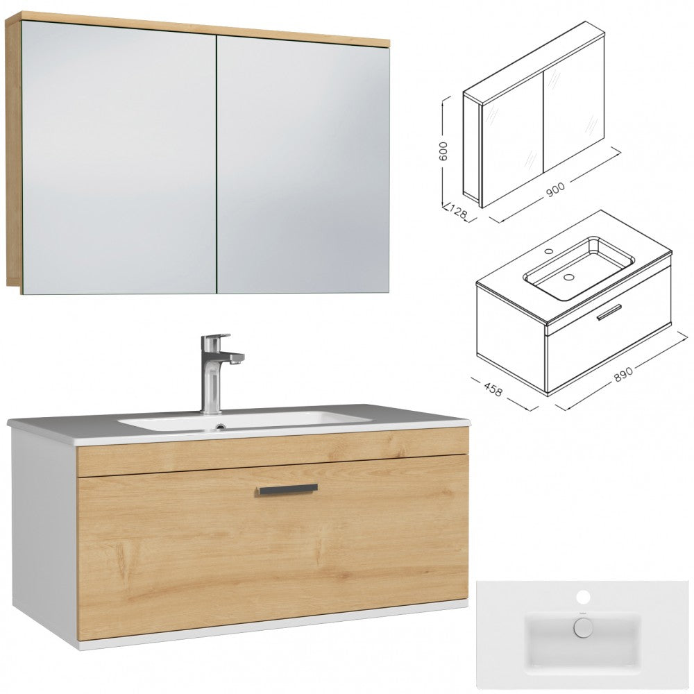 Meuble simple vasque Rubite 1 tiroir 90 cm + miroir armoire