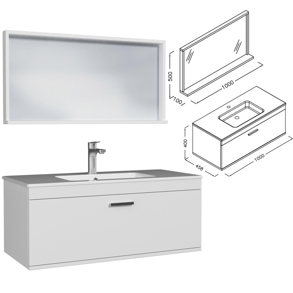 Meuble simple vasque Rubite 1 tiroir 100 cm + miroir cadre