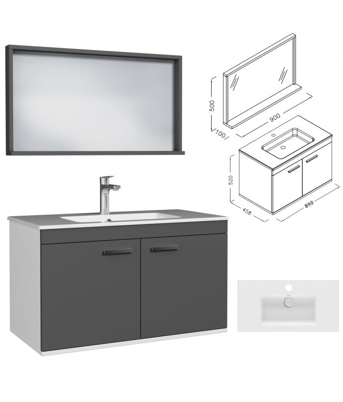 Meuble simple vasque Rubite 2 portes 90 cm + miroir cadre