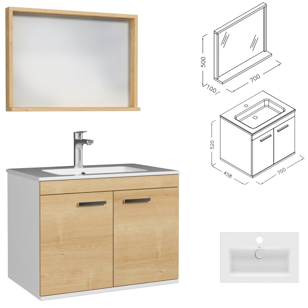 Meuble simple vasque Rubite 2 portes 70 cm + miroir cadre