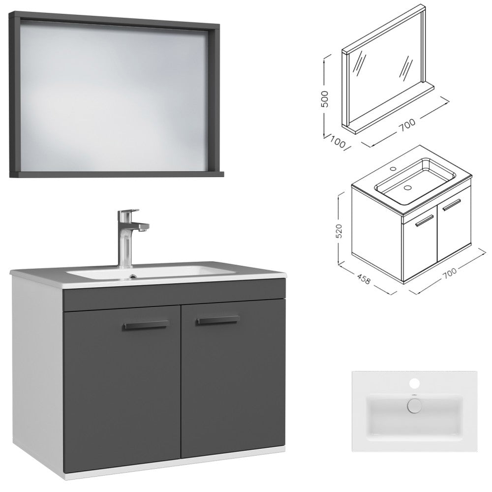 Meuble simple vasque Rubite 2 portes 70 cm + miroir cadre