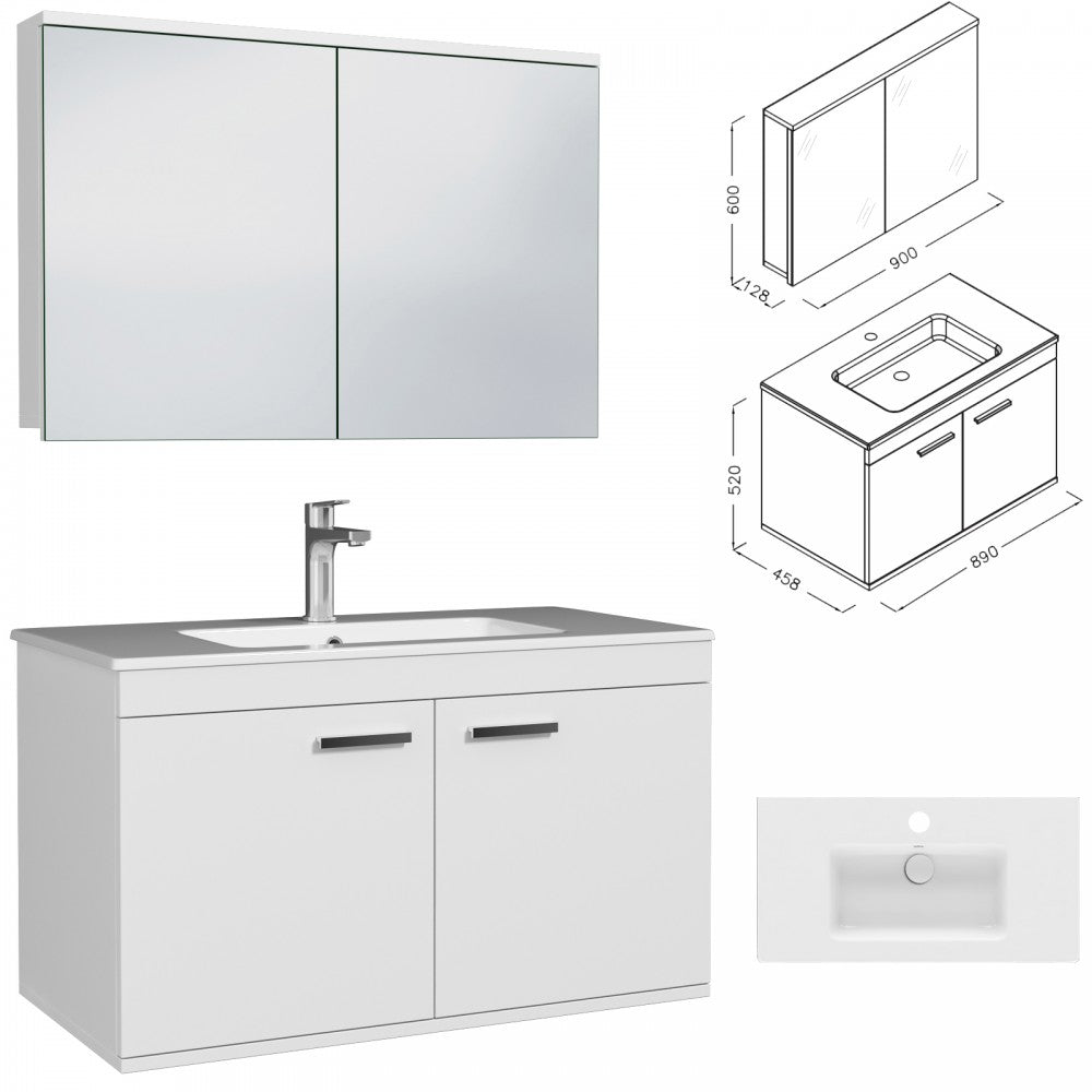 Meuble simple vasque Rubite 2 portes 90 cm + miroir armoire