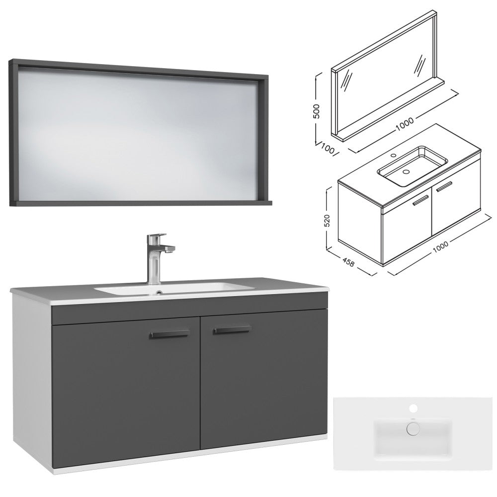 Meuble simple vasque Rubite 2 portes 100 cm + miroir cadre