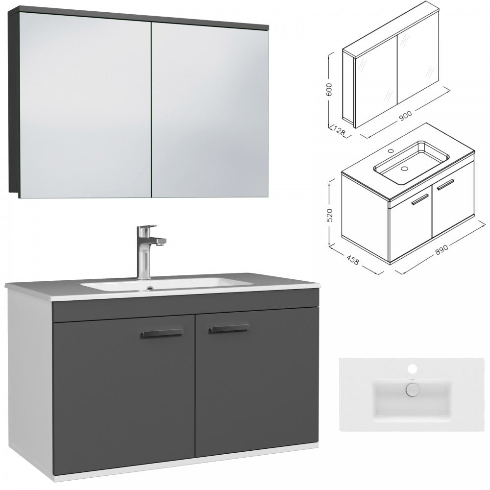 Meuble simple vasque Rubite 2 portes 90 cm + miroir armoire