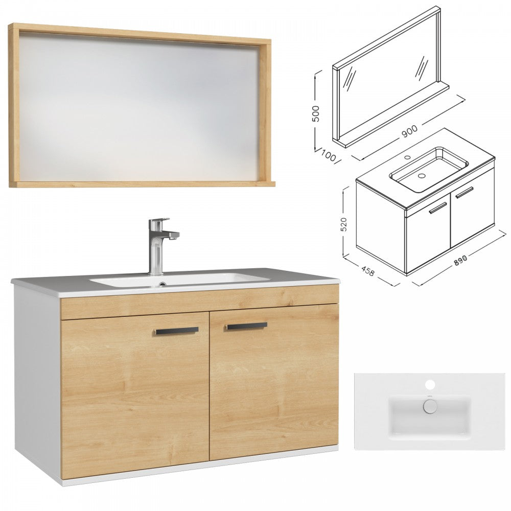 Meuble simple vasque Rubite 2 portes 90 cm + miroir cadre