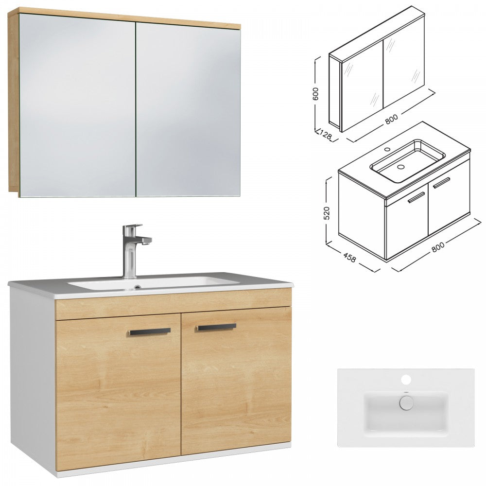 Meuble simple vasque Rubite 2 portes 80 cm + miroir armoire