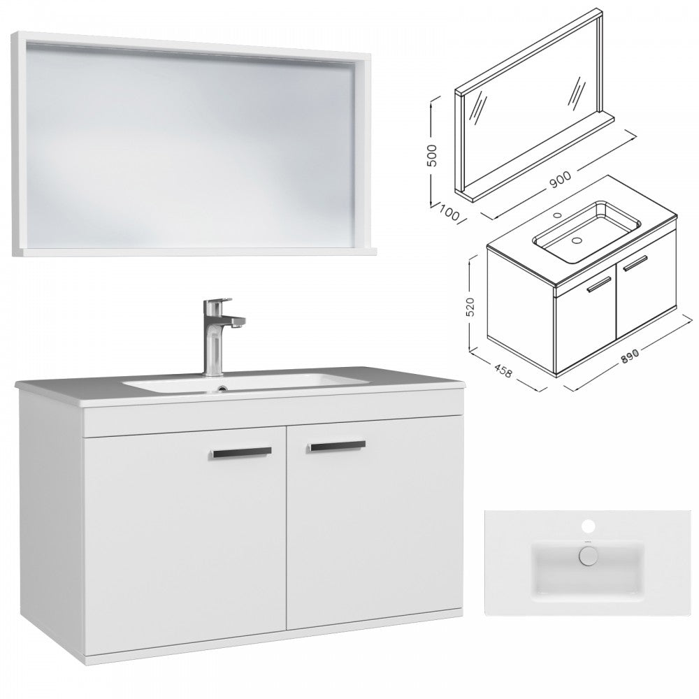 Meuble simple vasque Rubite 2 portes 90 cm + miroir cadre