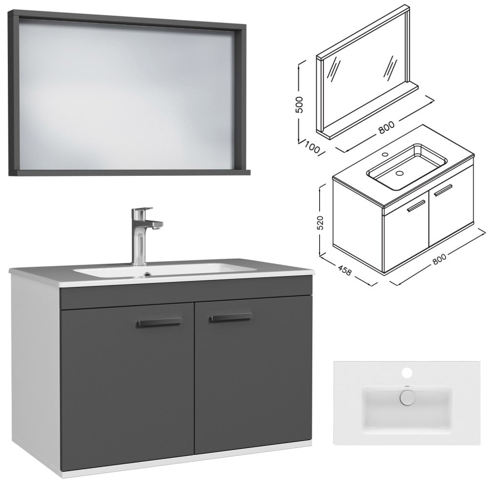 Meuble simple vasque Rubite 2 portes 80 cm + miroir cadre