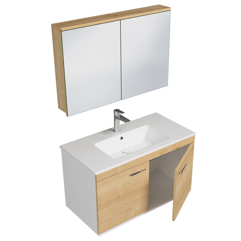 Meuble simple vasque Rubite 2 portes 90 cm + miroir armoire