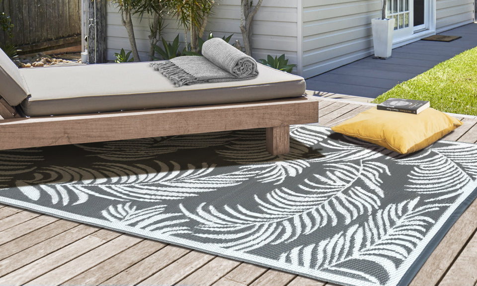 Tapis extérieur rectangulaire Hawaï 270x470cm gris motifs palmiers