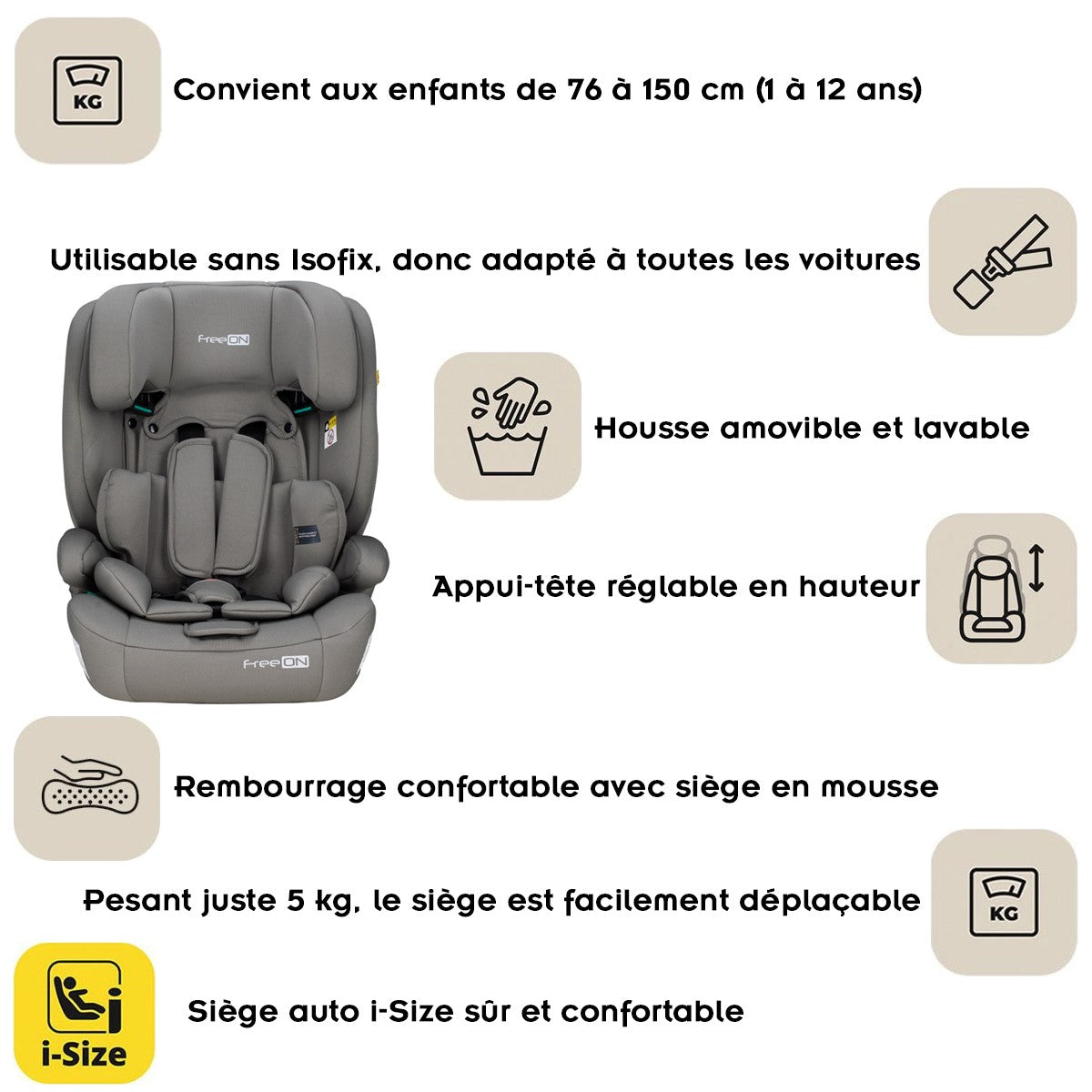 Siège auto réglable i-Size 76-150 cm jusqu'à 36 kg 1 à 12 ans Kaki