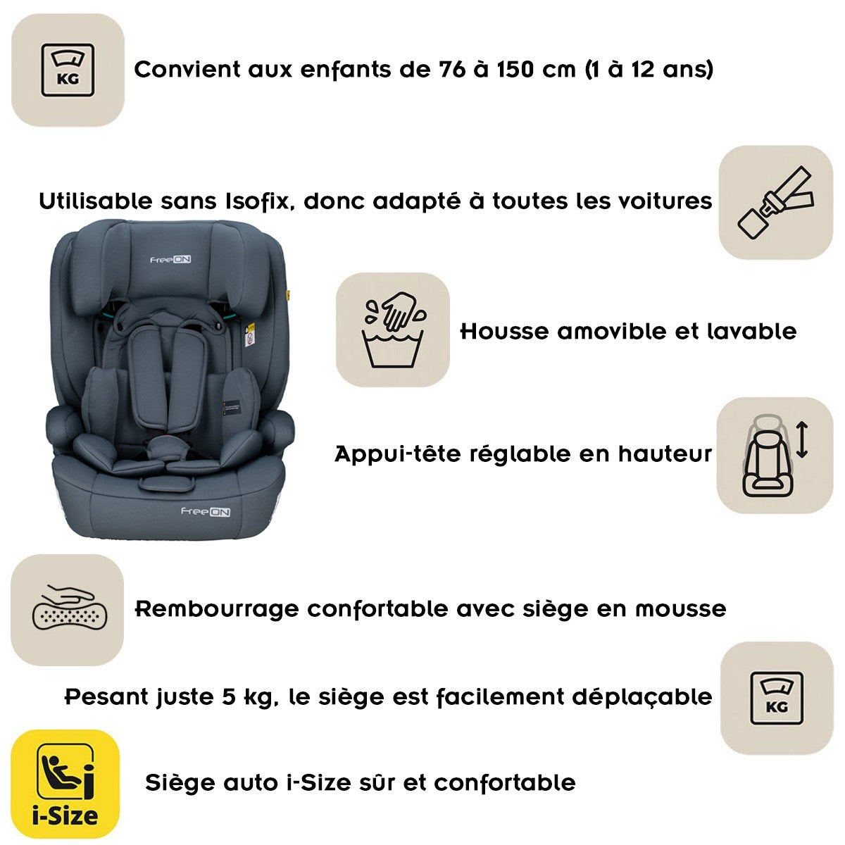 Siège auto réglable i-Size 76-150 cm jusqu'à 36 kg 1 à 12 ans Gris
